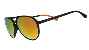 Three-quarter angle view of black aviator sunglasses with amber lenses.