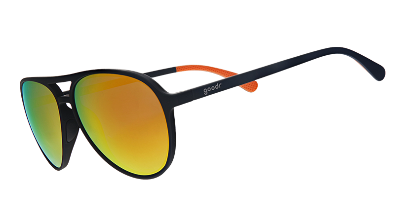 Black aviator sunglasses with amber lenses.