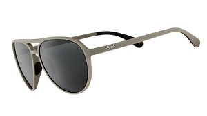 Three-quarter angle view of matte gray aviator sunglasses with non-reflective black lenses on a white background.