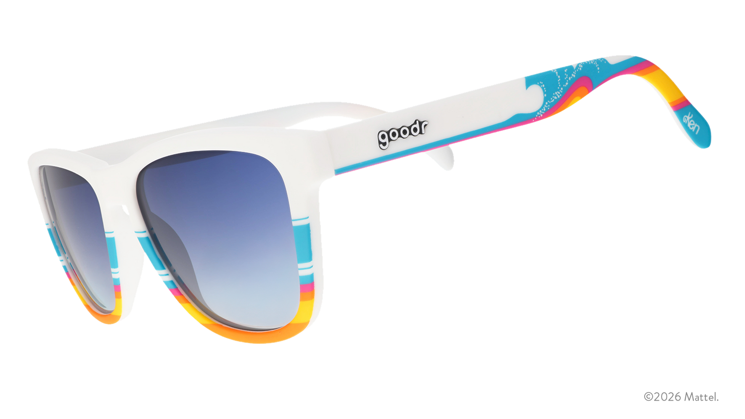 Three-quarter angle view of white sunnies featuring a beach-inspired design, blue gradient lenses, and Ken™ logo on the arm.