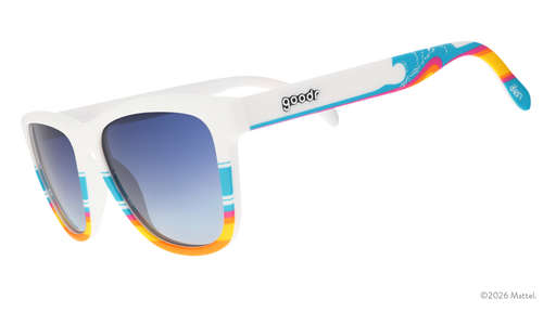 Three-quarter angle view of white sunnies featuring a beach-inspired design, blue gradient lenses, and Ken™ logo on the arm.