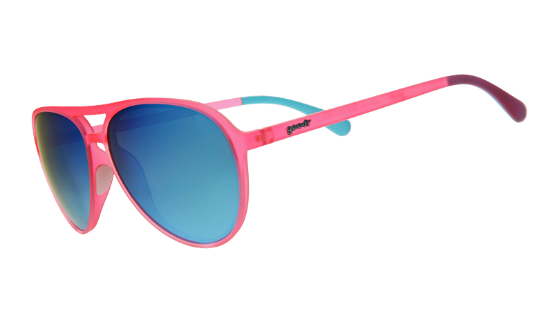 Three-quarter angle view of pink aviator sunglasses with mirrored reflective teal lenses.