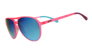 Three-quarter angle view of pink aviator sunglasses with mirrored reflective teal lenses.