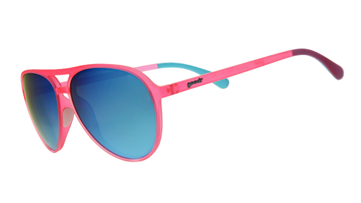 Three-quarter angle view of pink aviator sunglasses with mirrored reflective teal lenses.