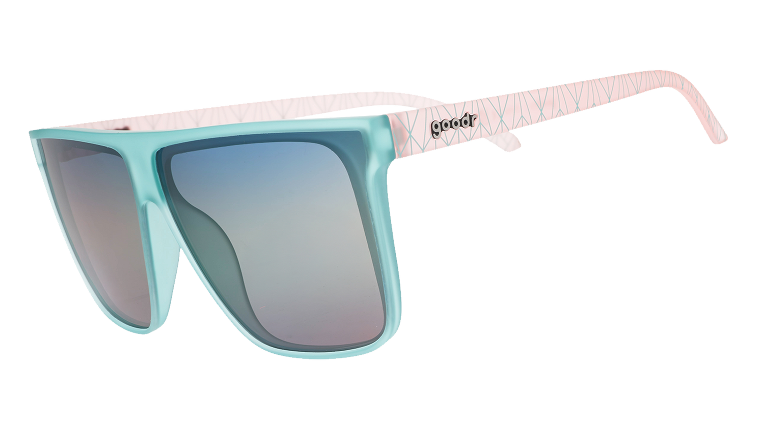 Light blue sunglasses with blue-pink gradient lenses and pink patterned temple arms on blue.