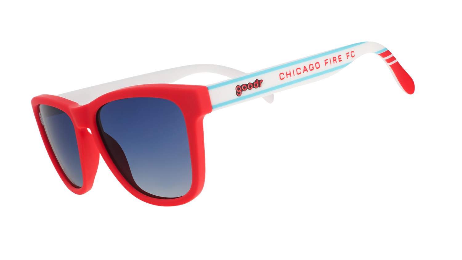 Three-quarter angle view of MLS Chicago Fire FC shades tilted down. Red+white frames. Dark blue ocean gradient lenses.