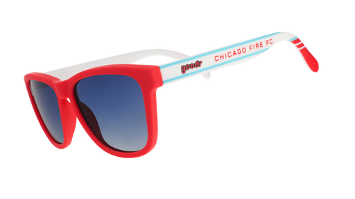 Three-quarter angle view of MLS Chicago Fire FC shades tilted down. Red+white frames. Dark blue ocean gradient lenses.