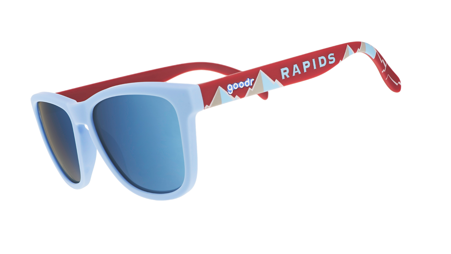 Three-quarter angle view of MLS Colorado Rapids shades tilted down. Blue+red patterned frames. Ice blue reflective lenses.
