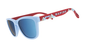 Three-quarter angle view of MLS Colorado Rapids shades tilted down. Blue+red patterned frames. Ice blue reflective lenses.