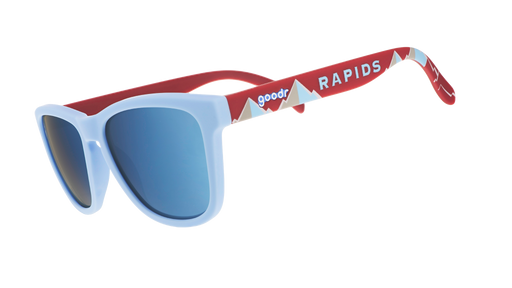 Three-quarter angle view of MLS Colorado Rapids shades tilted down. Blue+red patterned frames. Ice blue reflective lenses.