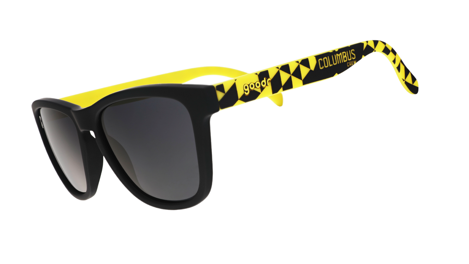Three-quarter angle view of Major League Soccer Columbus Crew shades. Black+yellow frames. Black non-reflective lenses.