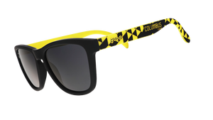 Three-quarter angle view of Major League Soccer Columbus Crew shades. Black+yellow frames. Black non-reflective lenses.