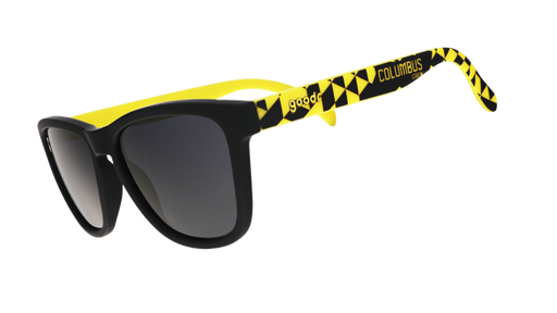 Three-quarter angle view of Major League Soccer Columbus Crew shades. Black+yellow frames. Black non-reflective lenses.
