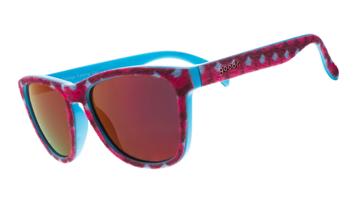 Three-quarter angle view of fuzzy textured turquoise and wine shades with rose reflective lenses.