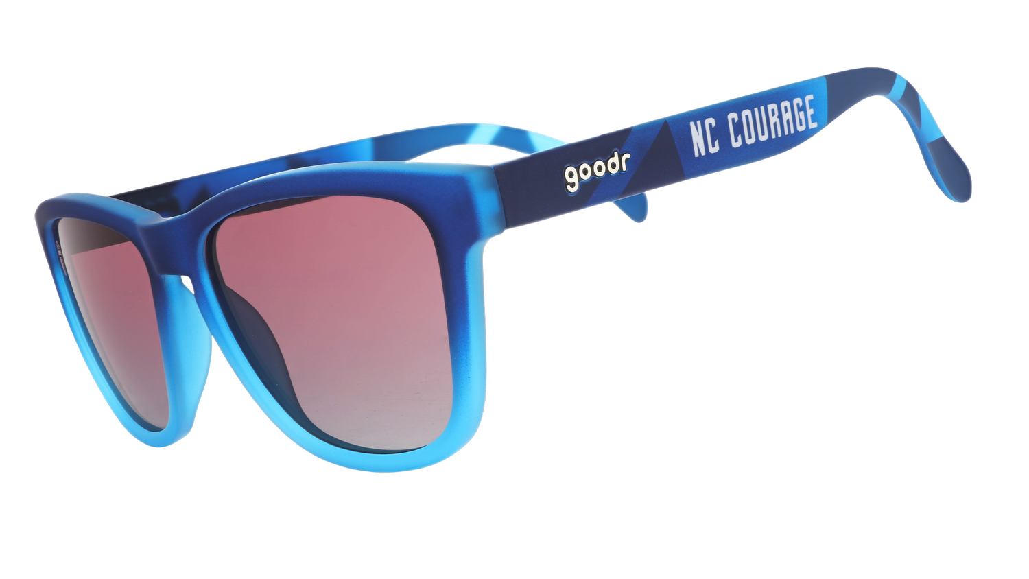 Three-quarter angle view of Atlantic blue frames with rose gradient lenses and NC Courage logo.