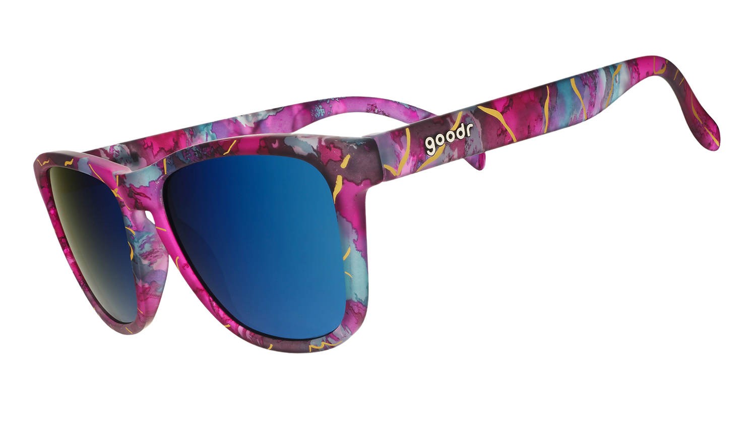 Three-quarter angle view of kintsugi sunglasses with teal lenses, purple-teal frames, and gold crack accents.