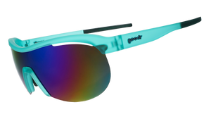 Three-quarter angle view of translucent mint green wrap shield sunglasses with white-blue reflective lenses against a white background.