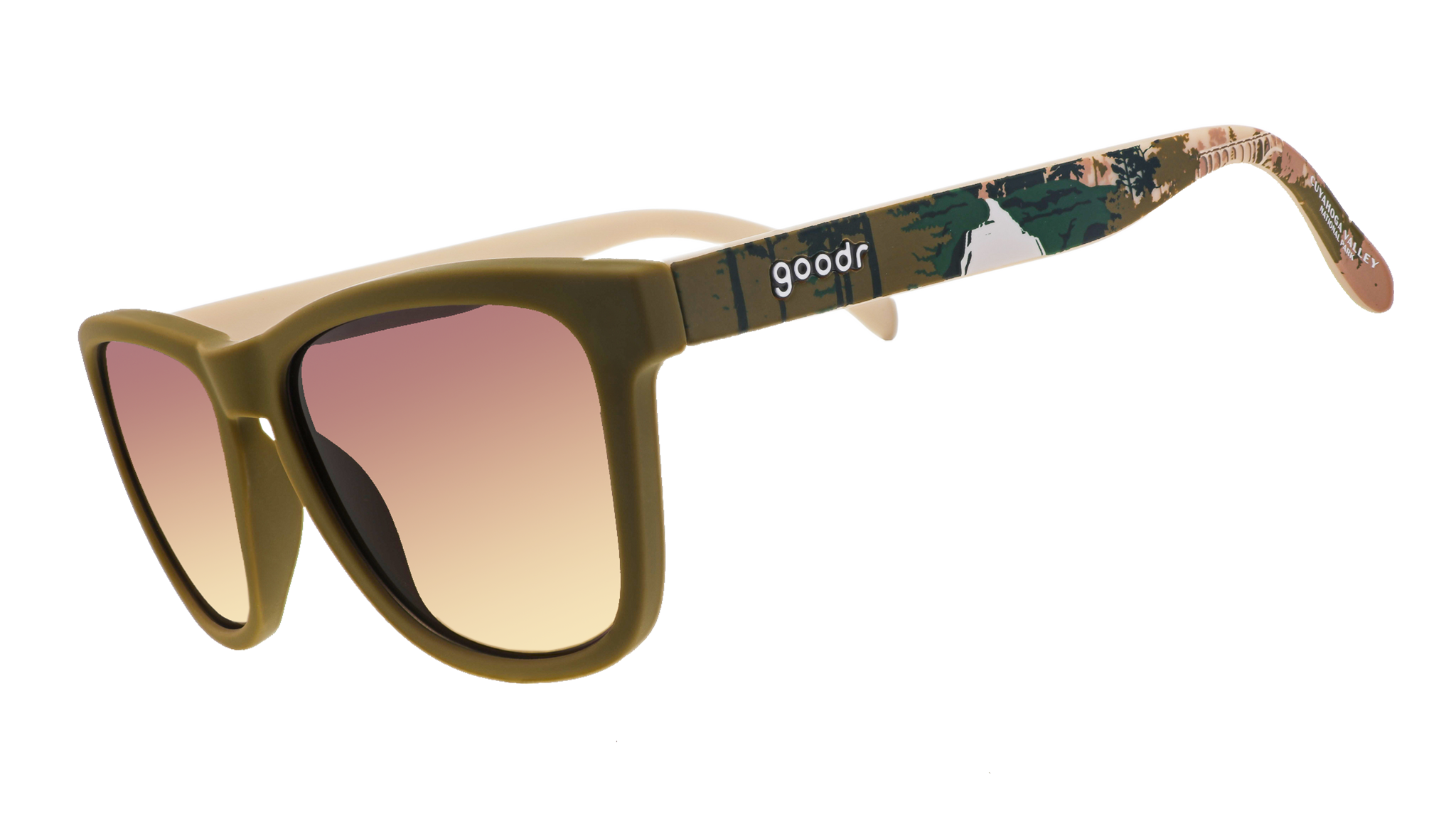 A pair of olive-green "goodr" sunglasses featuring gradient brown-tinted lenses and camouflage-patterned arms.