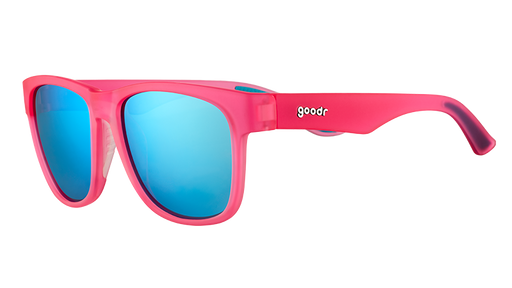 Three-quarter angle view of square-shaped, wide-fit pink sunglasses with blue reflective lenses.