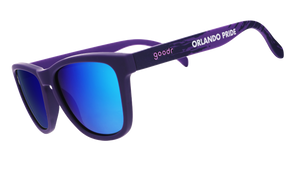 Sunglasses with blue lenses and purple frame on a white background