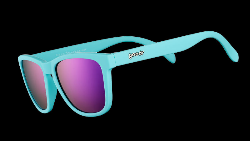Three-quarter angle view of baby blue sunglasses with polarized purple reflective lenses.