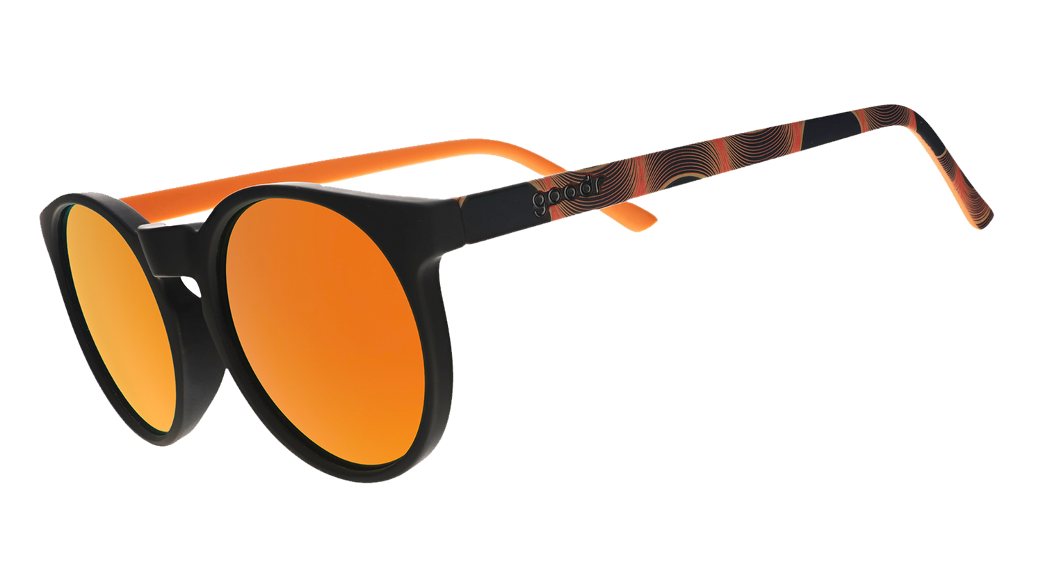 Three-quarter angle view of orange and black round sunglasses with reflective orange lenses.