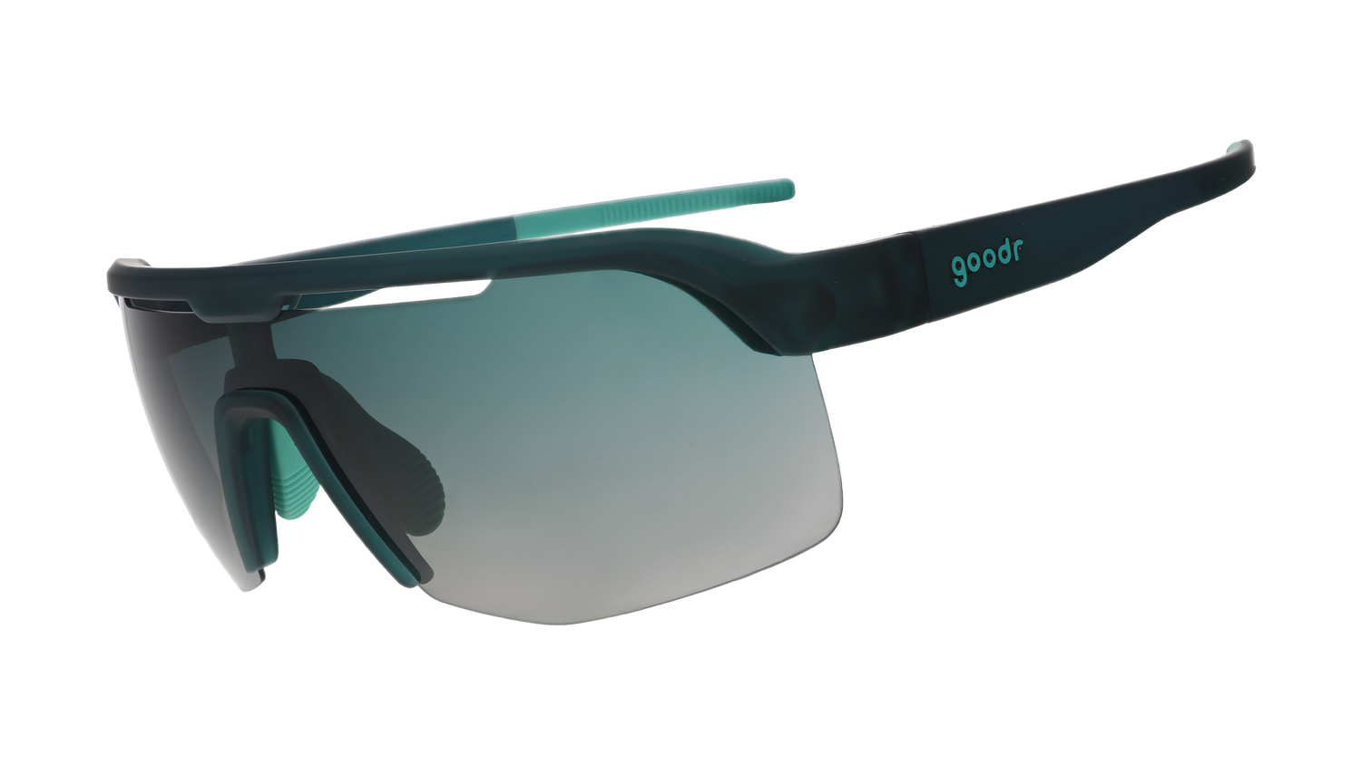 Three-quarter angle view of dark teal Bolt Gs with green gradient lenses.