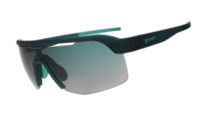 Three-quarter angle view of dark teal Bolt Gs with green gradient lenses.