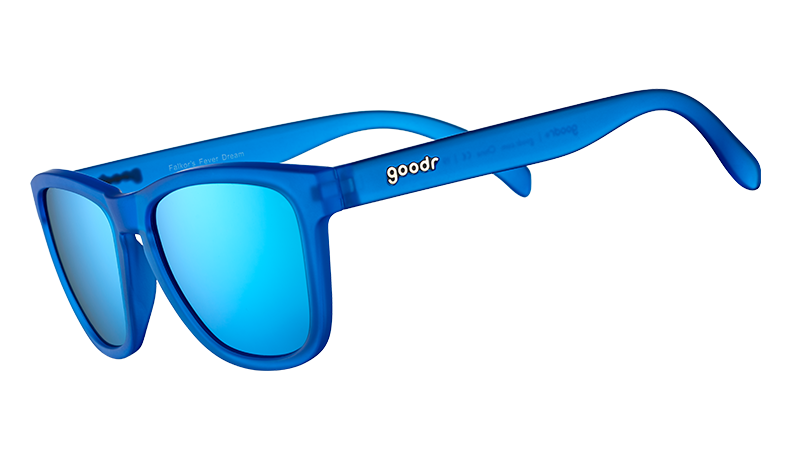 Three-quarter angle view of royal blue square-framed sunglasses with bright blue reflective lenses on a white background.