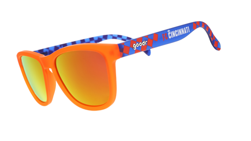 Three-quarter angle view of Major League Soccer FC Cincinnati shades. Orange+blue frames. Burnt orange lenses.
