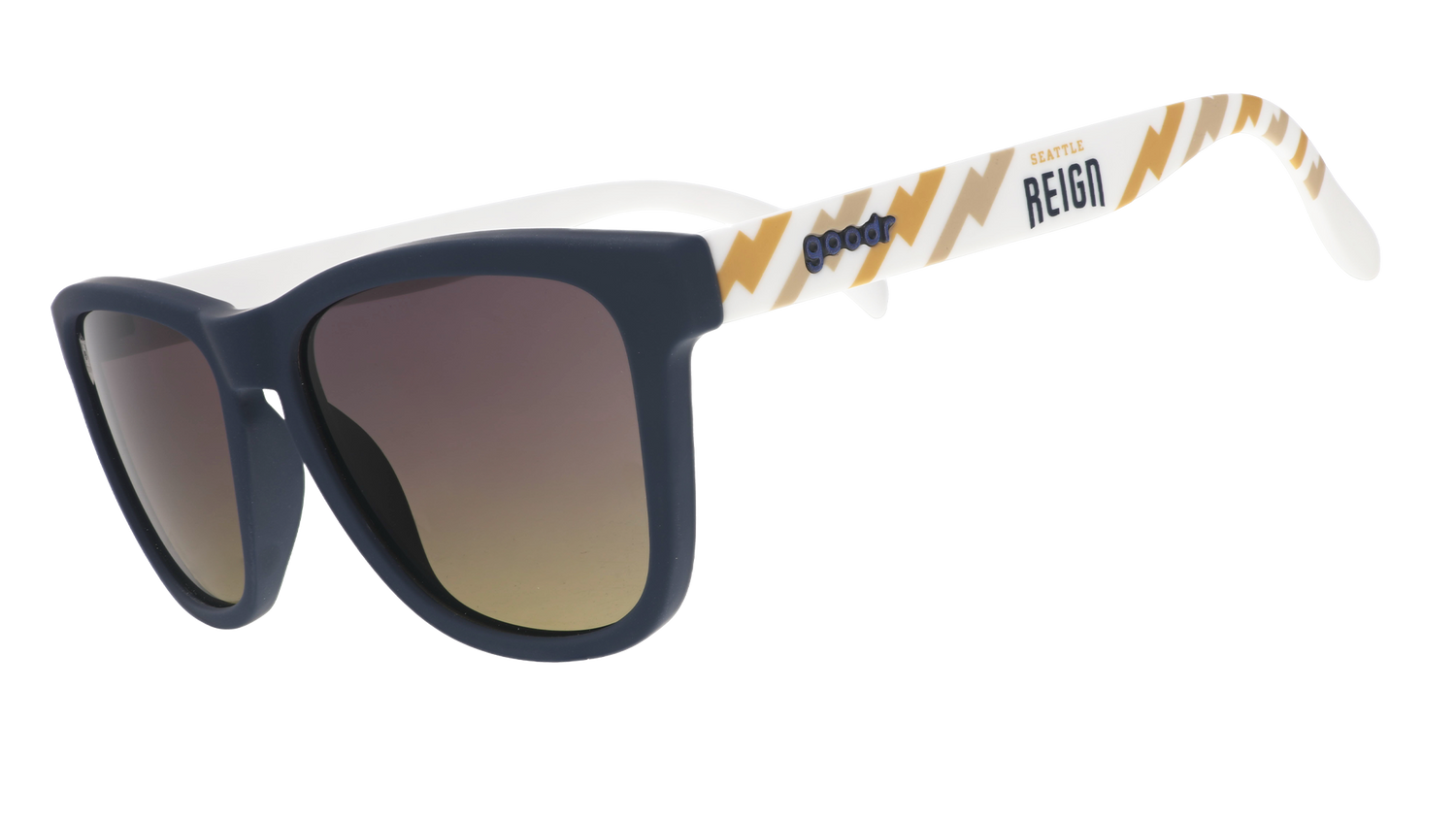 Three-quarter view of black and white sunglasses with a golden sunrise pattern, the Seattle Reign logo, and gray-to-yellow ocean gradient lenses.