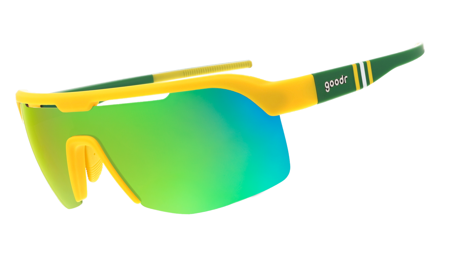 Three-quarter angle view of yellow + green sunglasses w/ tube sock pattern+green yellow reflective lenses tilted down.