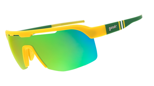 Three-quarter angle view of yellow + green sunglasses w/ tube sock pattern+green yellow reflective lenses tilted down.