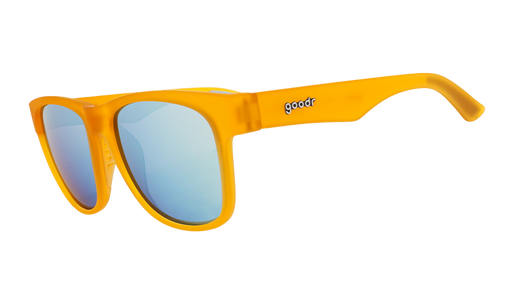 Three-quarter angle view of wide-fit orange sunglasses with square light blue reflective lenses.