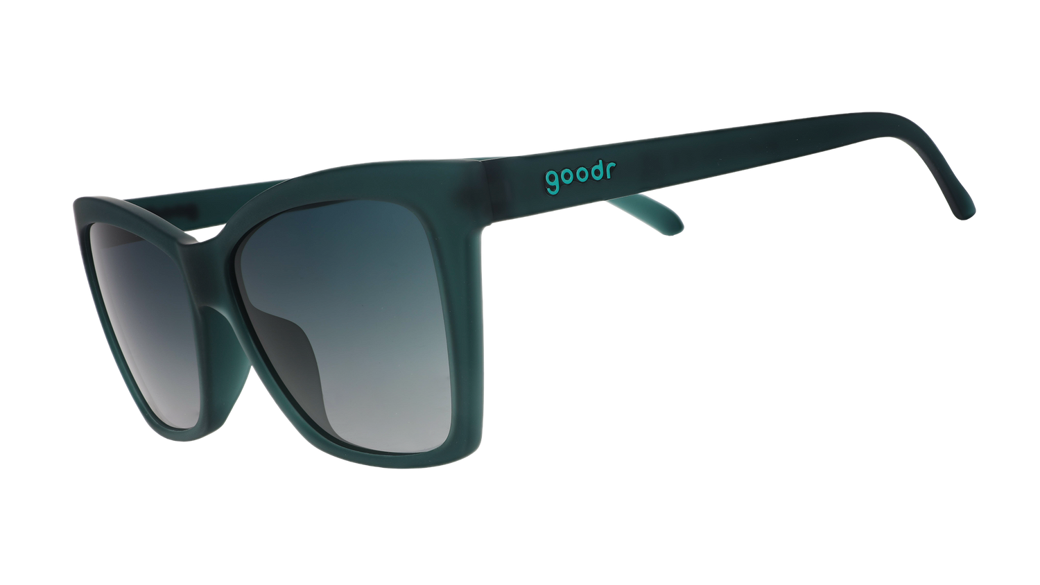 Three-quarter angle view of a pair of translucent teal Pop Gs with green gradient lenses.