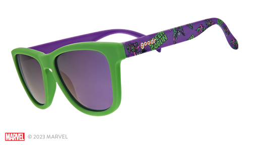Green Goblin Goggles | green and purple frames with Marvel Comics Villian Green Goblin print with purple reflective lenses | Licensed Collectible Marvel goodr sunglasses