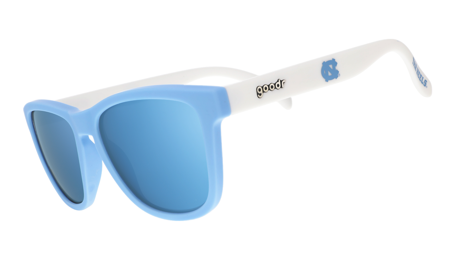 Three-quarter angle view of Carolina blue and white sunglasses featuring ice blue reflective lenses and the UNC logo.