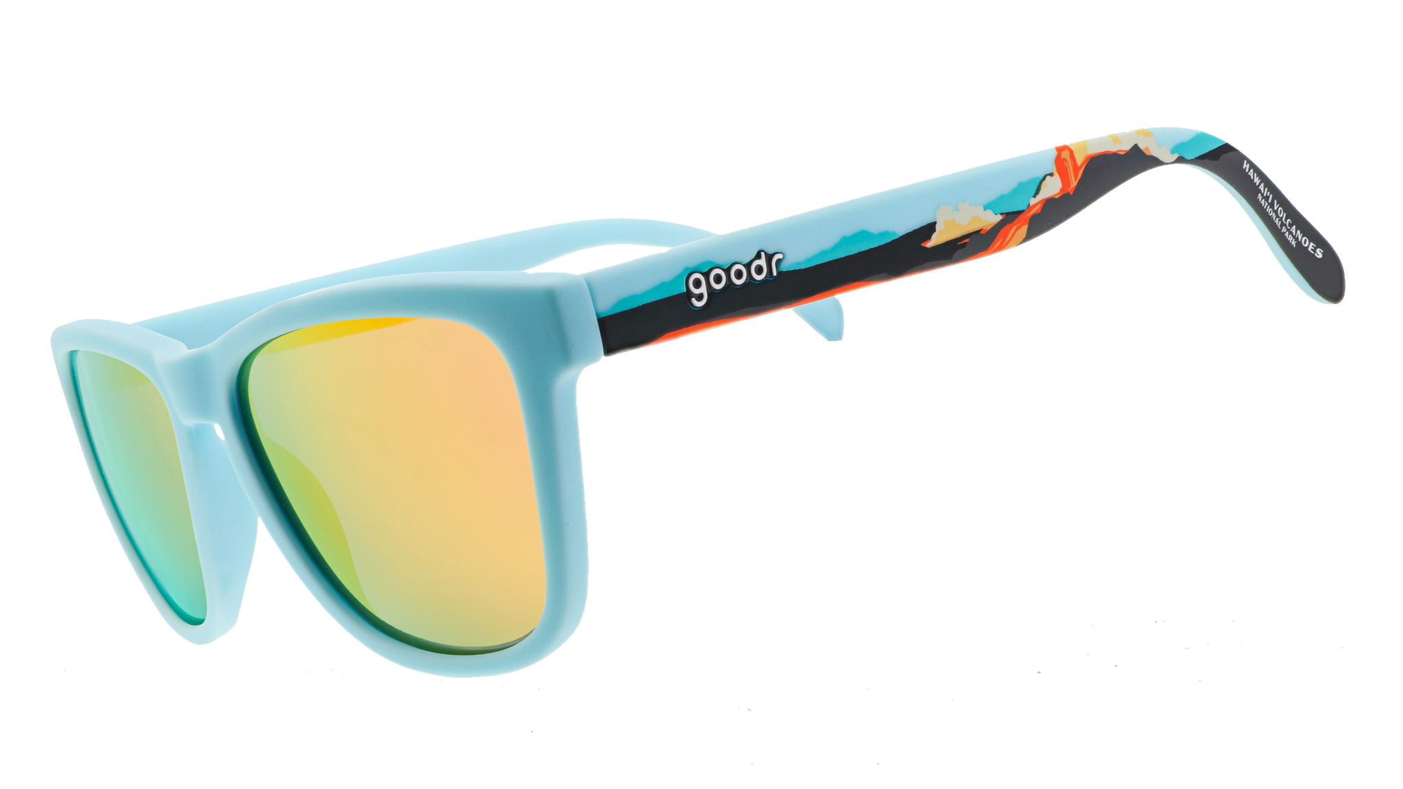 Pair of sunglasses with light blue frames and reflective yellow-orange lenses. The arms feature a vibrant tropical design with illustrations of waves and a sunset gradient.