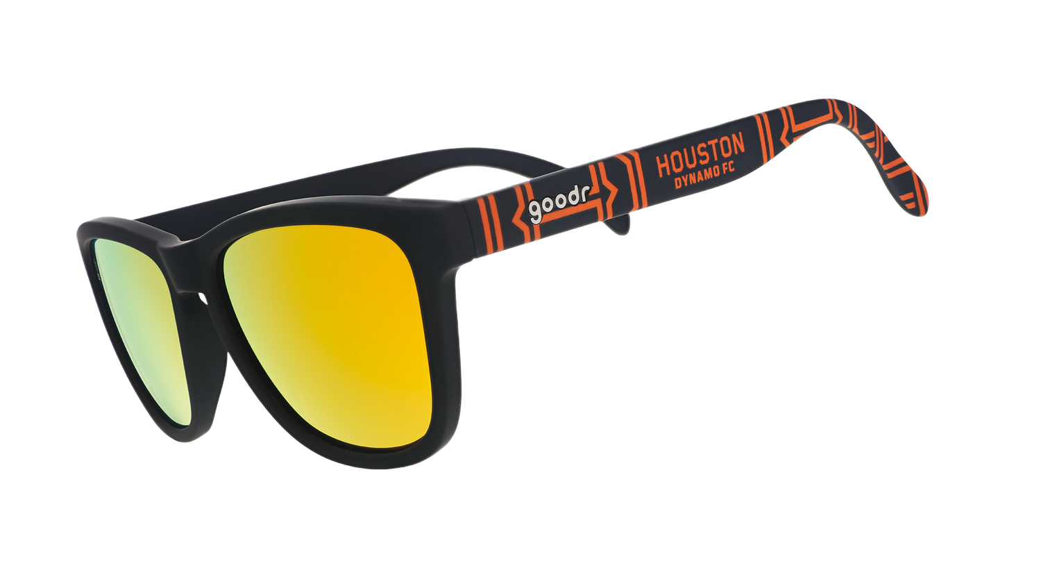 Three-quarter angle view of MLS Houston Dynamo FC shades tilted down. Black+orange frames. Amber reflective lenses.