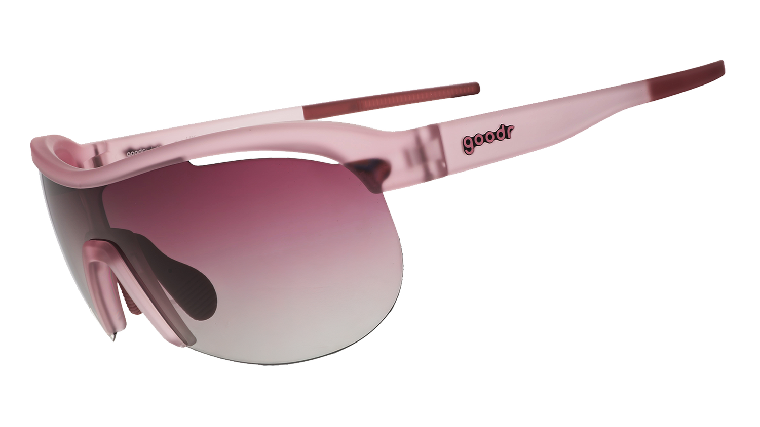 Three-quarter angle view of translucent purple wrap shield sunglasses with gradient purple lenses against a white background.