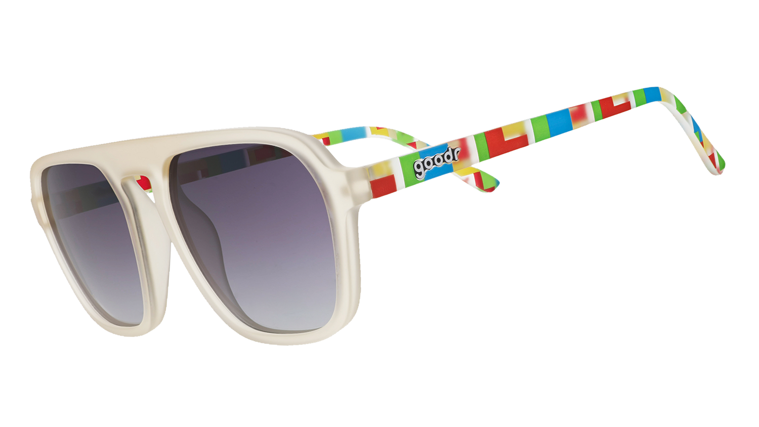 Light gray sunglasses with purple gradient lenses and colorful geometric temple patterns on blue.