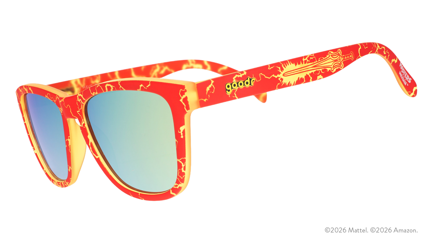 Three-quarter angle view of red and yellow lightning bolt-patterned sunglasses with reflective gold lenses, and Master of the Universe & goodr logos.