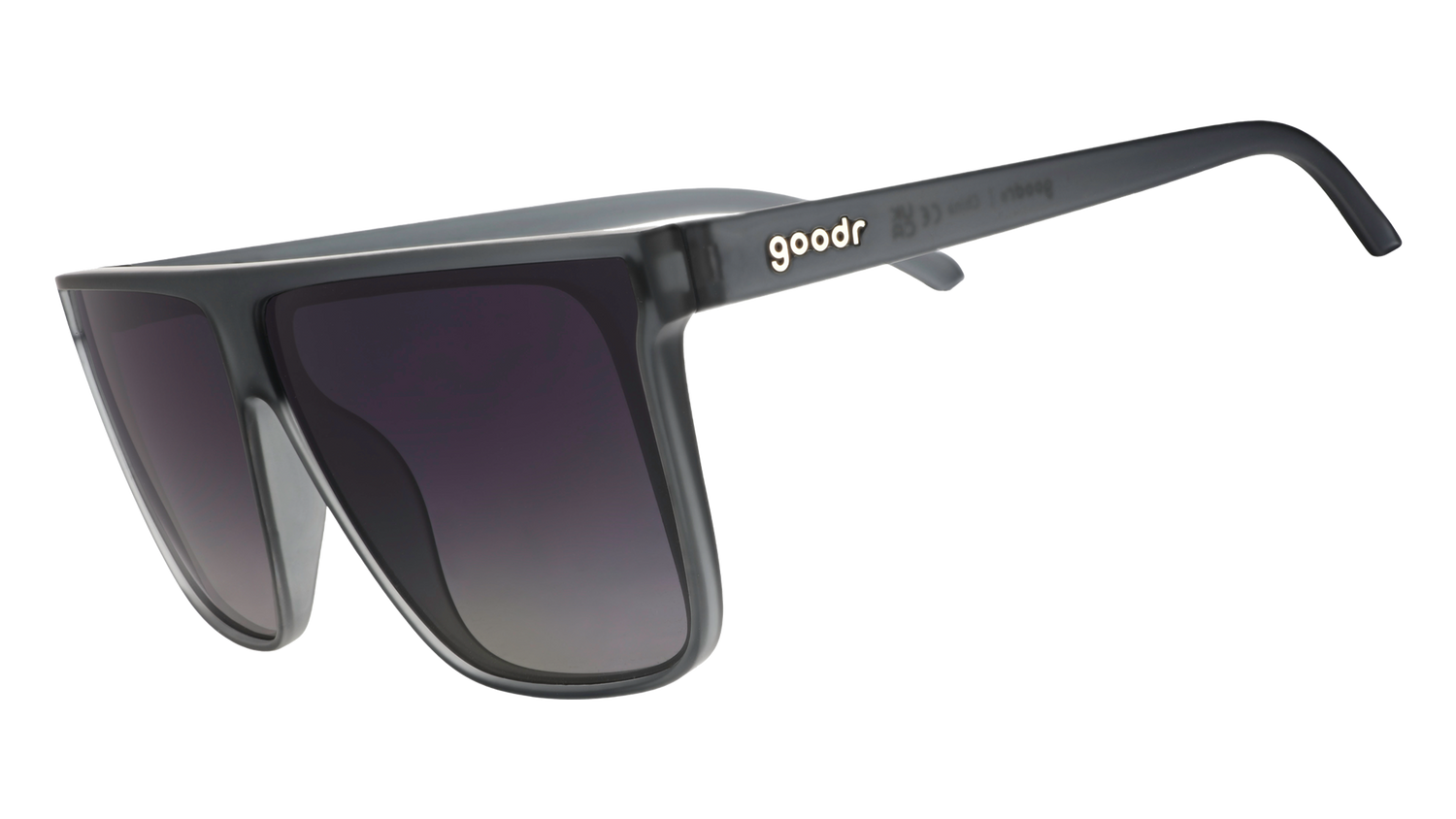 Three-quarter angle view of translucent gray, flat-top Fly G sunglasses with gray gradient lenses.