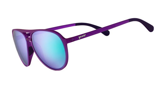 Three-quarter angle view of purple aviator sunglasses with green reflective lenses.