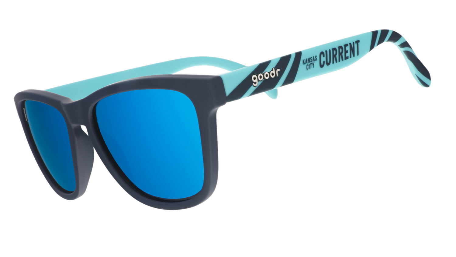 Three-quarter view of teal and storm blue sunglasses with a river current pattern, teal lenses, and the Kansas City Current logo.