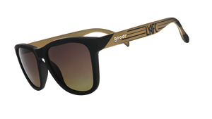Three-quarter angle view of LAFC Major League Soccer sunglasses with black and gold frames and gray-yellow lenses