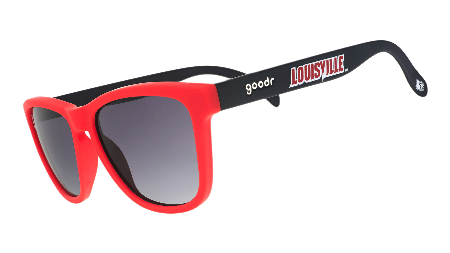 Three-quarter angle view of black and Cardinal red sunglasses featuring black gradient lenses and a Louisville logo.