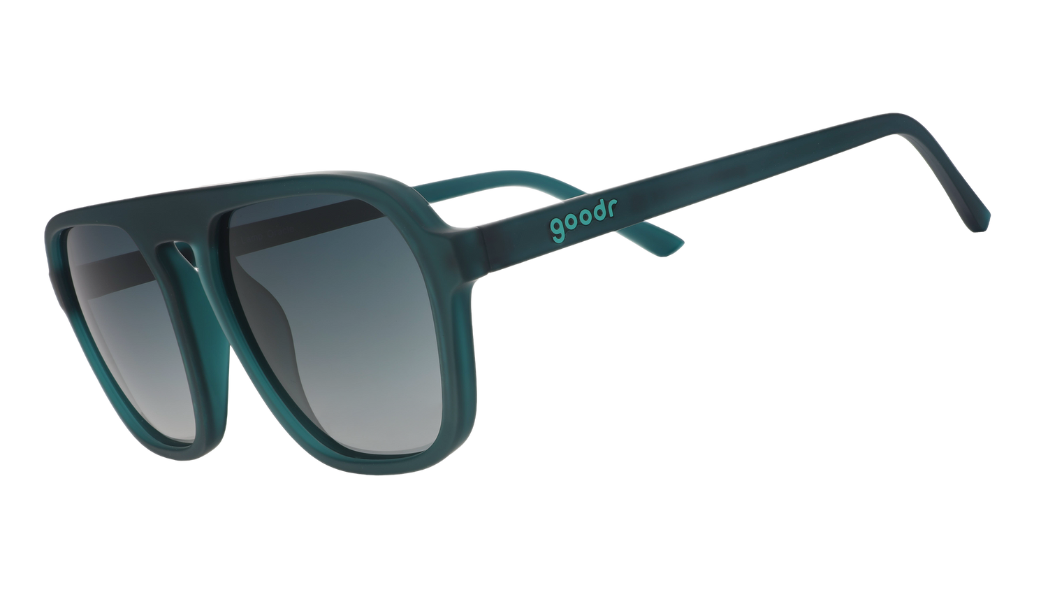 Three-quarter angle view of translucent teal Retro Gs wth green gradient lenses.