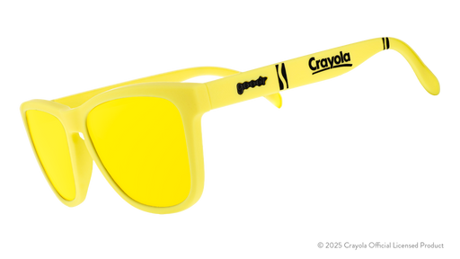 Three-quarter angle view of Lemon Yellow-colored Crayola sunglasses with yellow lenses