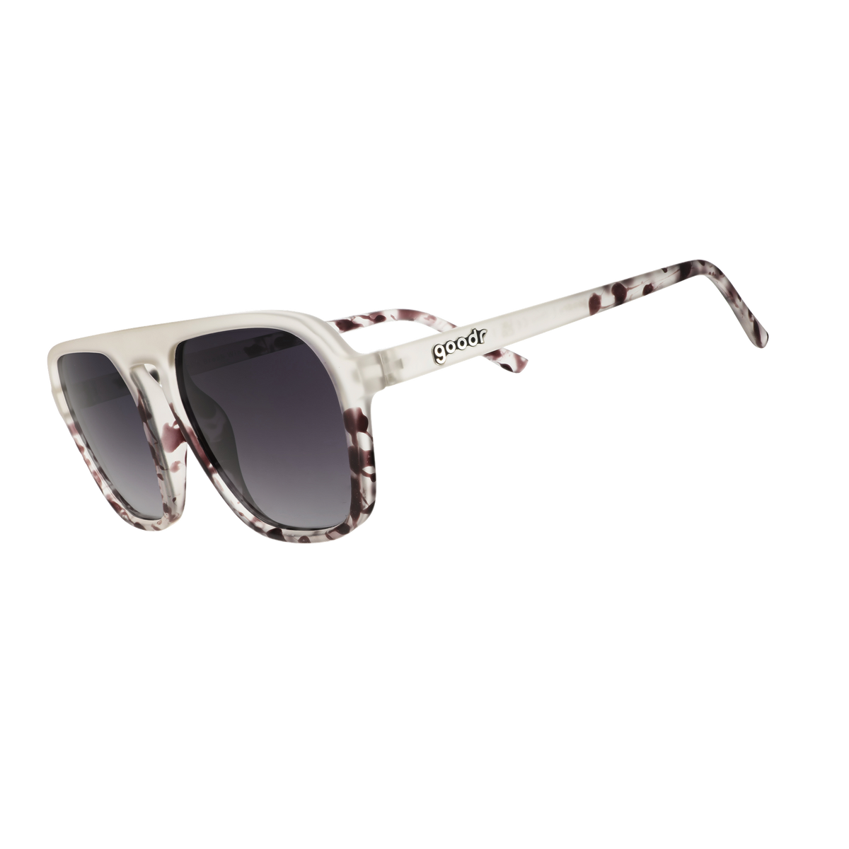 Front view of translucent gray retro aviator sunglasses with a dark tonal pattern and black gradient lenses.